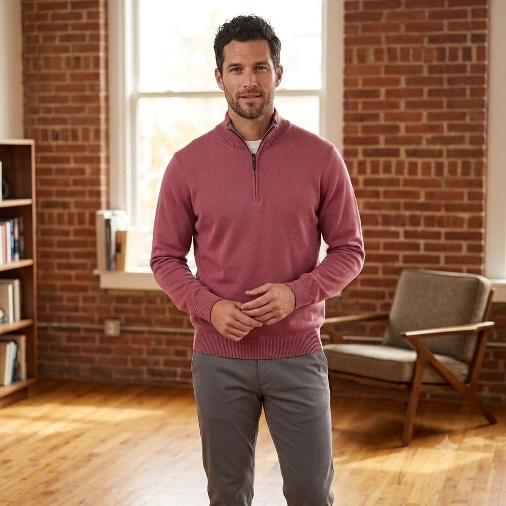 Magaschoni Men's XL Mauve 1/4 zip Sweater Long Sleeve Mock Neck Viscose NWT